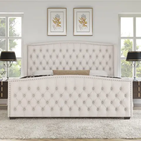 AMERLIFE Classic Velvet-Grey Upholstered Queen Size Bed Frame - Sturdy, Deep Button Tufted Nailhead Trim Wingback Headboard, Quiet Steel Legs, No Box Spring Needed, Elegant, Assembly Required, Apartment Bedroom Furniture