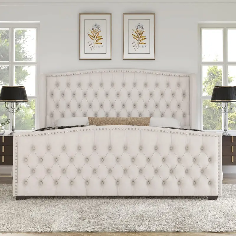 AMERLIFE Classic Velvet-Grey Upholstered Queen Size Bed Frame - Sturdy, Deep Button Tufted Nailhead Trim Wingback Headboard, Quiet Steel Legs, No Box Spring Needed, Elegant, Assembly Required, Apartment Bedroom Furniture