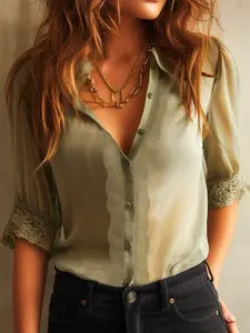 Women's Fashion Lace Patchwork Short Sleeve Collared Shirt Blouse, Elegant Soft Comfort, Boho Chic Style, Spring & Fall Wear, Fitted Design, Top