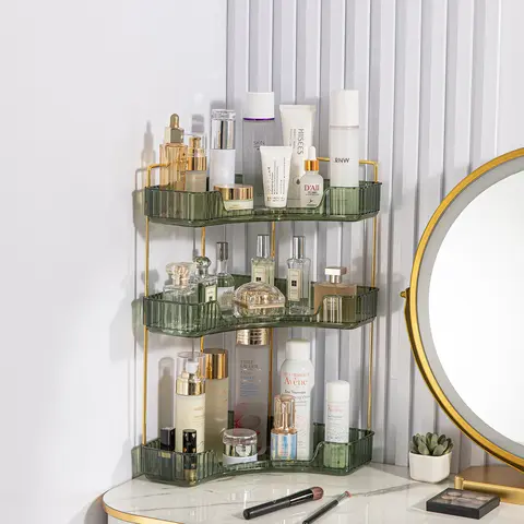 Apraly Metal 3-Tier Corner Bathroom Storage Rack - Wall-Mounted Space Saver with 2.36" Railing, Countertop Tray with Decorative Handle for Vanity Cosmetics Organization (Gold), 3-Tier Storage Rack, Railing 2.36"