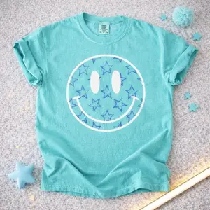 Comfort Colors Star Smiley Graphic Shirt Cute Minimal Aesthetic Tee Soft Summer Vibes Casual Happy Face Oversized Trendy Shirt