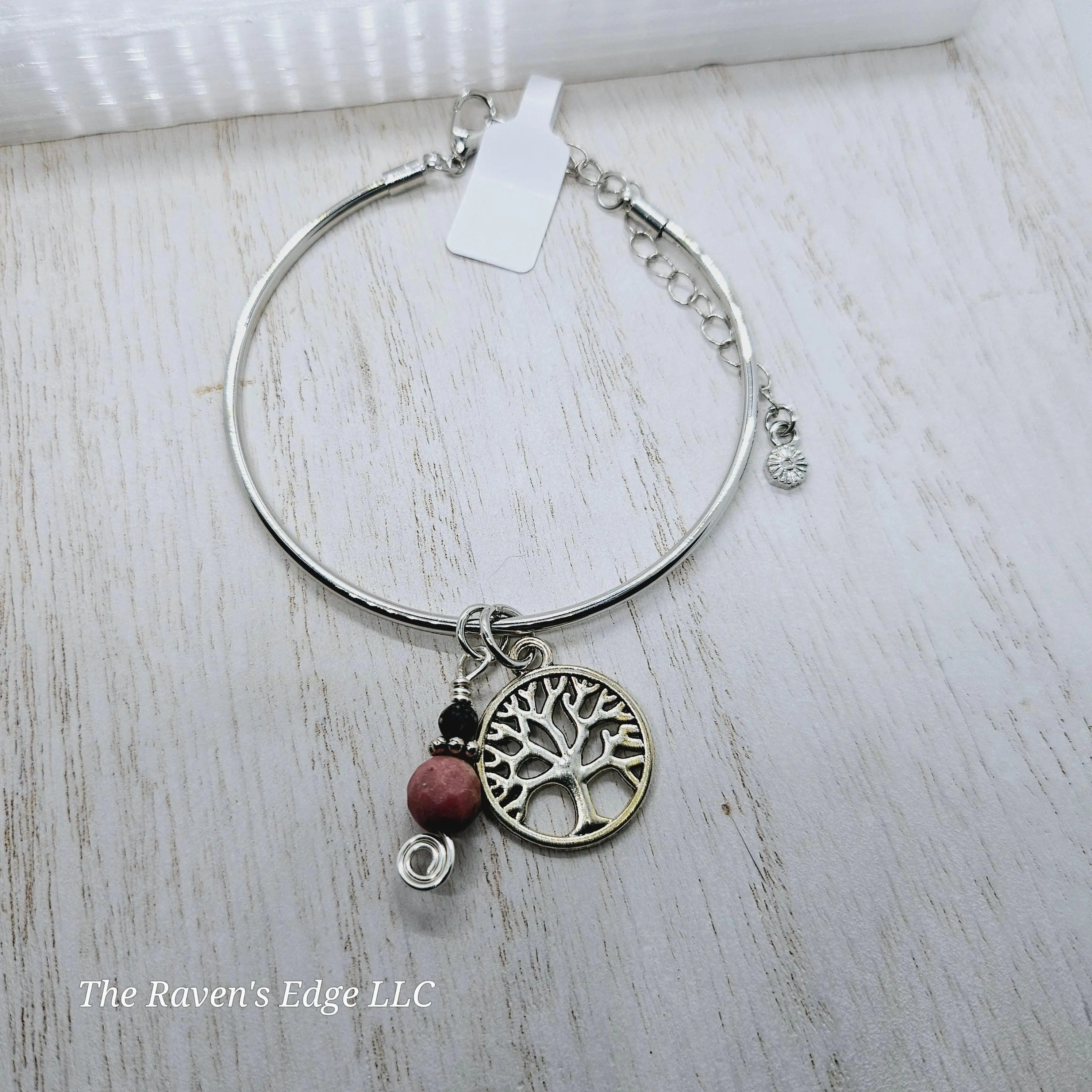The Raven's Edge LLC Tree of Life Charm Bangle Bracelet Silver Handmade with Rhodonite Accent Bead for Elegant Outfits