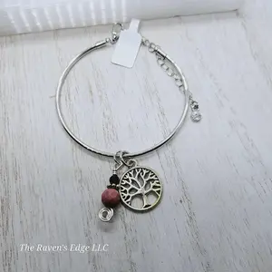 The Raven's Edge LLC Tree of Life Charm Bangle Bracelet Silver Handmade with Rhodonite Accent Bead for Elegant Outfits