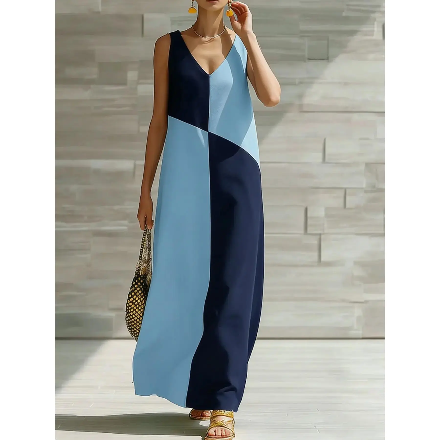 Women's V-Neck Colorblock Casual Summer Sports Dress, Daily Wear Stylish Womenswear, Model 2331123, Colorblock Print