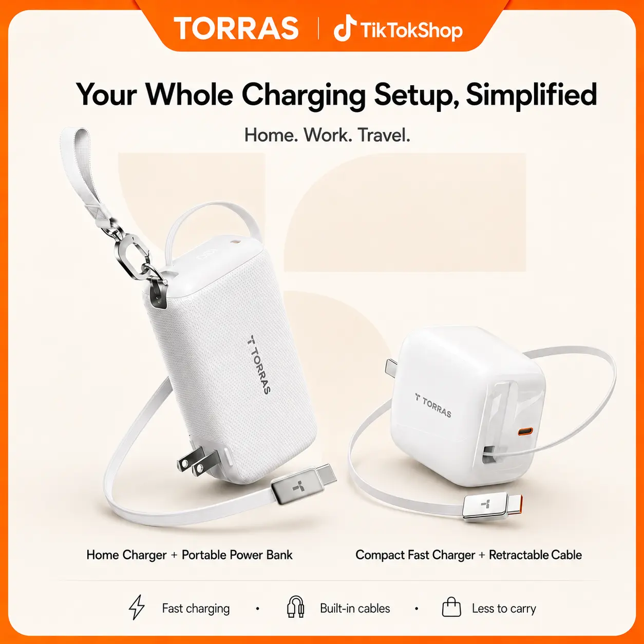 TORRAS  POWER combo deal, 3-in-1 Travel Charger with Built-in Cable, 45W Portable Power Bank & Wall Charger, One for Home One for Bag, Fast Charging Bundle for iPhone & USB-C Devices