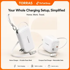 TORRAS  POWER combo deal, 3-in-1 Travel Charger with Built-in Cable, 45W Portable Power Bank & Wall Charger, One for Home One for Bag, Fast Charging Bundle for iPhone & USB-C Devices