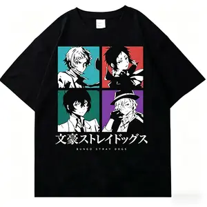 Bungo Stray Dogs Character Collage Graphic T-Shirt, Vintage Washed Distressed Oversized Anime Tee, Retro BSD Dazai Atsushi Akutagawa Chuuya Streetwear Top for Men Women, Anime Lover & BSD Fan Gift Shirt