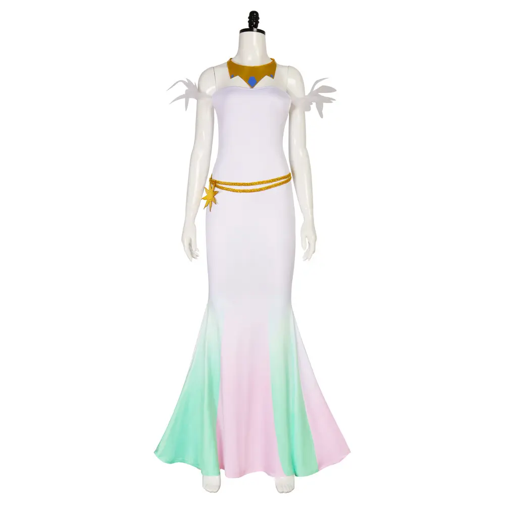 Princess Celestia White Mermaid Gown Cosplay Costume Set with Gold Neckpiece Waist Chain for Comic Con