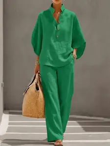 Women's Solid Color Cotton Linen Suit, Mid Sleeve Button V-Neck Top, Casual Pocket Straight Leg Pants, European and American Style