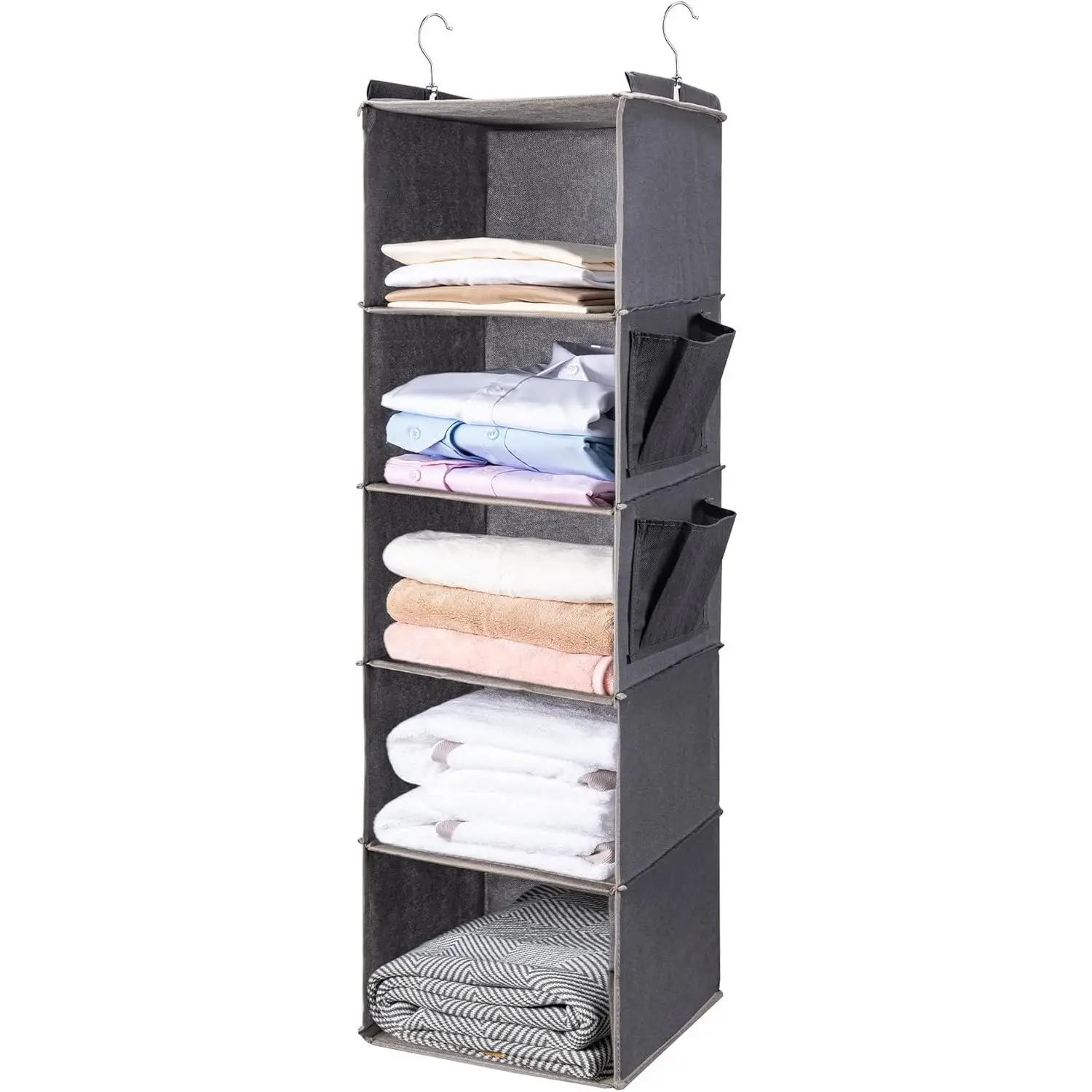 Hanging Closet Organize and Shelves，5-Hanging Shelf with 2 Side Pockets，Storage Foldable （Grey） | Dorm Room Essentials, Clothes Organizer with 2 Side Pockets, Hanging Shelves for Closet Storage, Breathable Fabric