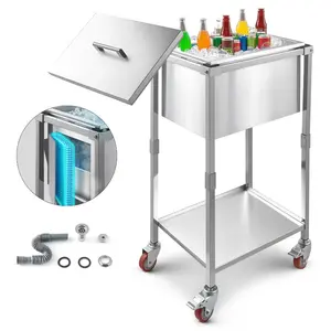 VEVOR Rolling Ice Chest Cooler Cart, 22Lx 16Wx 38H Stainless Steel Cooling Bin on Wheels, 32.8 Quart Outdoor Stand Up Cooler Trolley with Shelf, for Patio Backyard Party Bar Cold Drinks