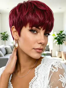 Short Pixie Cut Wigs For Women Human Hair Straight Wigs Natural Color 99J Orange Full Machine Made Wig