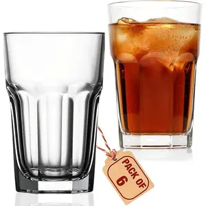 yersiz Drinking Glasses Set of 6, 12.5 oz Water Glasses – Durable Glassware for Juice, Milkshake, Coffee Glasses, Beer Glasses, Cocktail Tumblers, Heavy Base, Dishwasher Safe Kitchen & Party Use