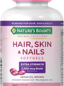 Nature's Bounty Hair Skin and Nails 5000 mcg of Biotin - 250 Tablets Extra Strength, vitamin, argan oil infused, antioxidant Vitamins C & E plus Hyaluronic Acid, No sugar