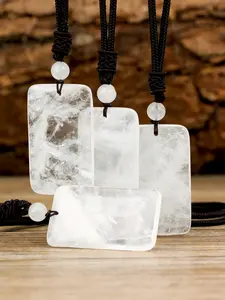 Natural White Crystal Square Big Pendants Necklaces, Women Hand Knotted Jewelry, Spring & Summer Beach Vacation, Healing Crystals, Boho Pendant Necklace, Boho Chic Crystal