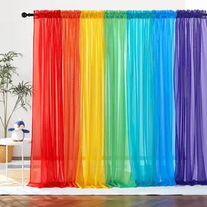 7 count Rainbow Sheer Curtains - Colorful Backdrop Bright Drape Set for Playroom,,Party,Red,Orange,Yellow,Green,Cyan,Blue,,52x84 inch Length