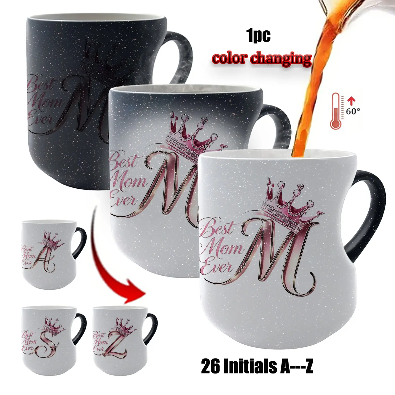 Personalized Best Mom Ever Initial Crown Heat Changing Coffee Mug, 26 A-Z Alphabet Magic Temperature Sensitive Ceramic Cup, Unique Mother's Day Birthday Gift for Mom, Mum, Nana, Grandma, Drinkware, Ceramic Coffee Mugs