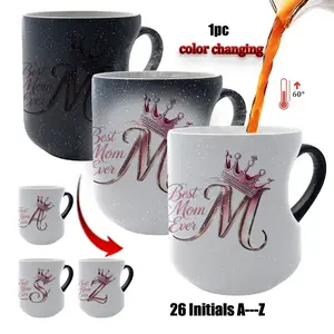 Personalized Best Mom Ever Initial Crown Heat Changing Mug, 26 A-Z Alphabet Magic Temperature Sensitive Ceramic Cup, Unique Mother's Day Birthday Gift for Mom, Mum, Nana, Grandma