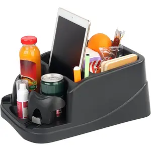 Big Plastic Console for , , Minivans, SUVs with 2 Adjustable Drink Cup Holders Phone Book Holder,  Bench and Front Seat or Floor Middle Console   Organizer Black