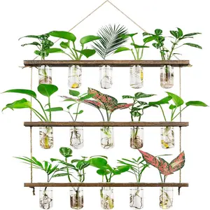 Wall Hanging Propagation Station with Wooden Stand 5 Glass Test Tubes 3 Tiered Planters Wall Terrarium