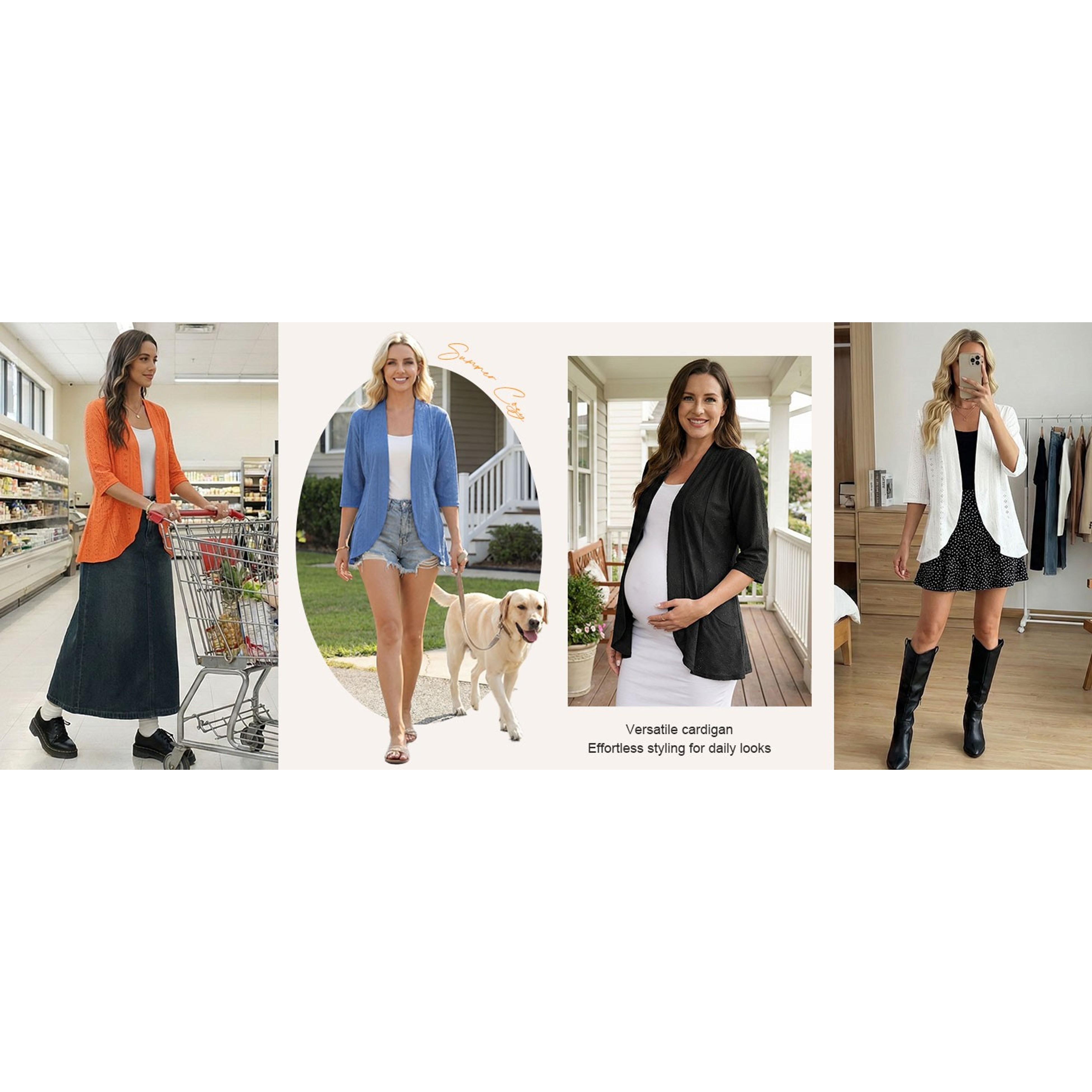 Women Cardigan 3/4 Sleeves Open Front Lightweight Soft Netted Knit Draped Ruffles Cardigan Kimono Cover Ups Women Cardigan 3/4 Sleeves Open Front Lightweight Soft Netted Knit Draped Ruffles Cardigan Kimono Cover Ups