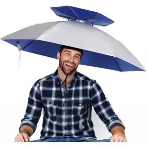37in Hands-Free Umbrella Hat for Adult, Waterproof Sun Rain UV Protection Umbrella Cap, Layer Folding for Hiking, Fishing, Beach,