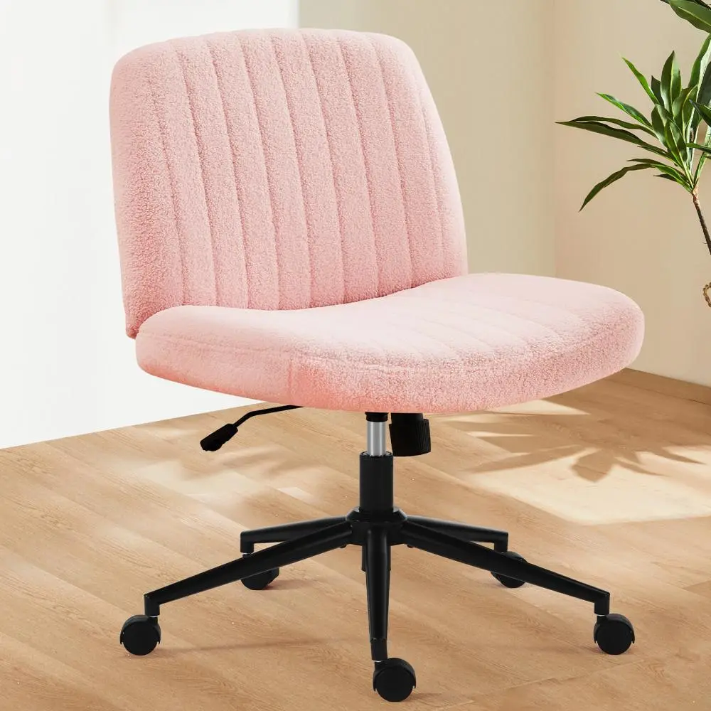 Pink Teddy Wool Fabric Computer Office Chair - Armless, Adjustable Swivel Backrest, Wide Seat, Rolling Wheels - Comfy Pink Desk Chair for Home Office Use, Comfy Chair