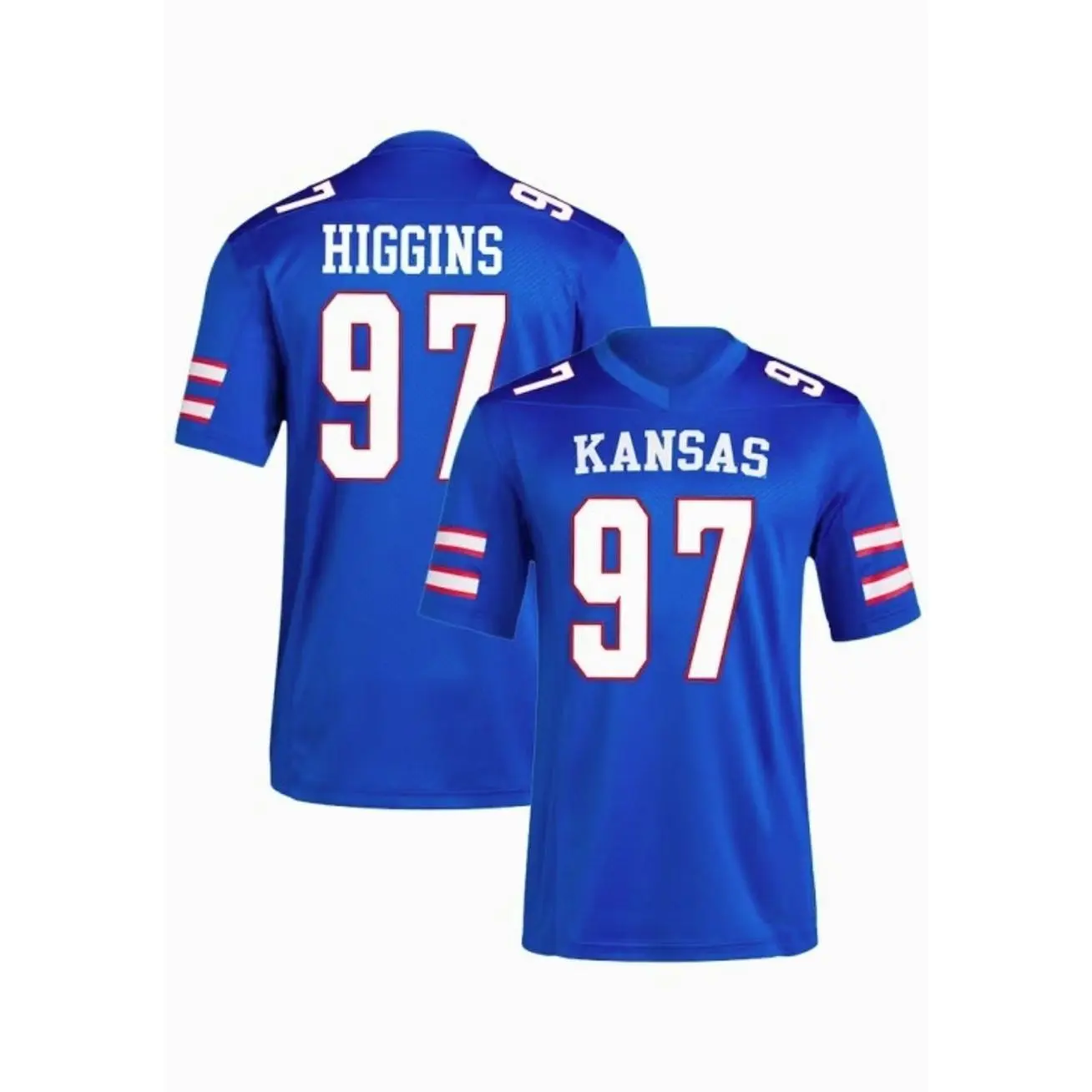 Mens College Football Higgins Kansas City Jayhawks Royal Blue NIL Name And Number Football Jersey