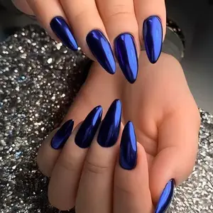 24pcs Long Almond Electroplated Y2K Style Magic Blue Chrome Glossy Holographic Acrylic Press-On Nails Set, Includes Jelly Glue and Nail File