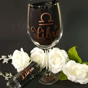 Libra Zodiac Wine Glass Set 12 oz Stemmed Wine Glass & 2 oz Rose Gold Shot Glass for Astrology Lovers Birthday Gifts with Metallic Rose Gold Detailing Drinkware