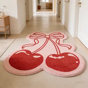 Bow shaped cherry shaped carpet with red and white contrasting velvet floor mat, anti slip and wear-resistant floor mat for foyer bedroom, sweet and girlish atmosphere decorative mat suitable for ins style/retro girlish home decoration Soft Rug