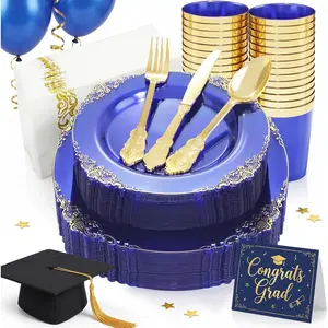 175PCS Clear Blue Plastic Plates - Plastic Dinnerware Set Include 25Dinner Plates, 25Dessert Plates, 25Cups, 25Forks, 25Knives, 25Spoons, 25Napkins Perfect for Wedding & Party