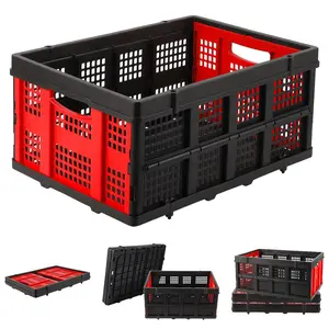 Garvee 55L Collapsible Heavy Duty Foldable Plastic Storage Crate with Side Handles, Stackable Containers for Organizing Food, Drinks, Books, Tools in Home, Garage, or Car - Red