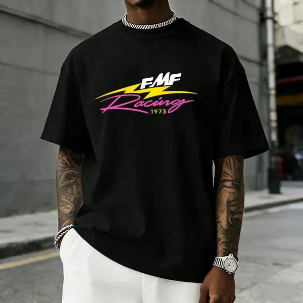 Men’s pure cotton black short-sleeve T-shirt featuring a vintage racing-style FMF print, relaxed drop-shoulder design, comfortable and breathable, eye-catching and stylish—an American retro street-style piece that’s versatile!