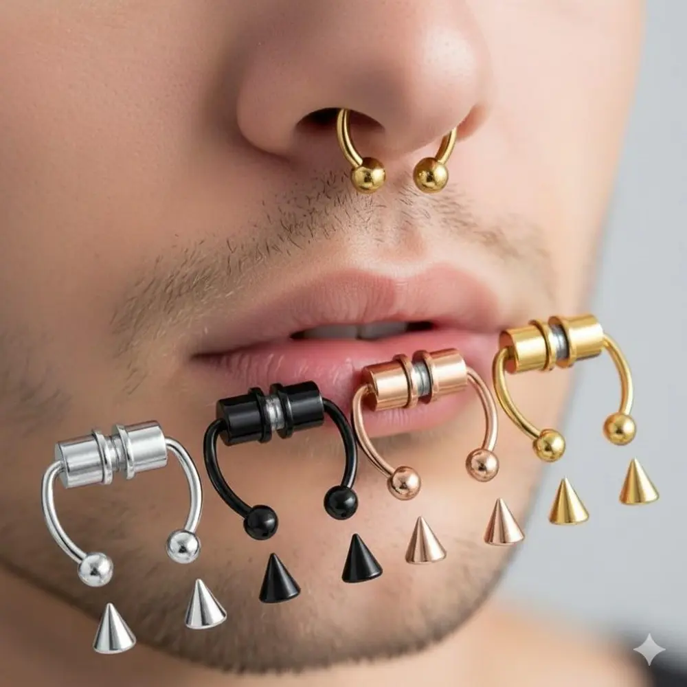 Magnetic Nose Ring Non-Piercing Clip On Fashion Jewelry, Pain-Free Body Jewelry for Women Daily Accessories, Stainless Steel Faux Septum Ring Gift Set