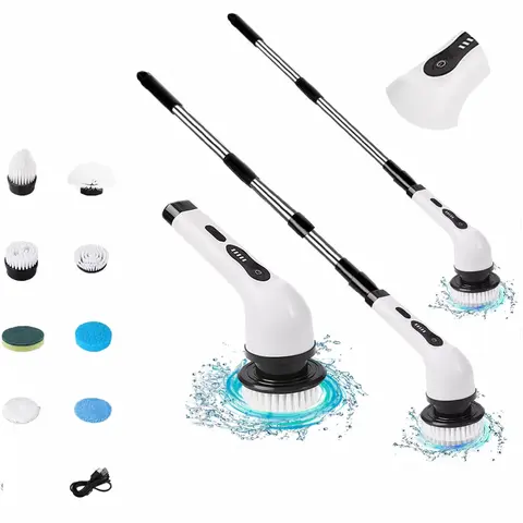 Cordless Spin Scrubber - Plastic Body Power Scrubber, USB Rechargeable, Adjustable Speed, 8 Replaceable Brush Heads, Back Pain Relief for Bathroom, Kitchen Cleaning