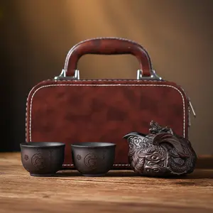 Handcrafted Purple Clay Fully Carved Travel Tea Set One Kettle Two Cups Portable Handheld Teapot Outdoor Travel Tea Brewing with Leather Case