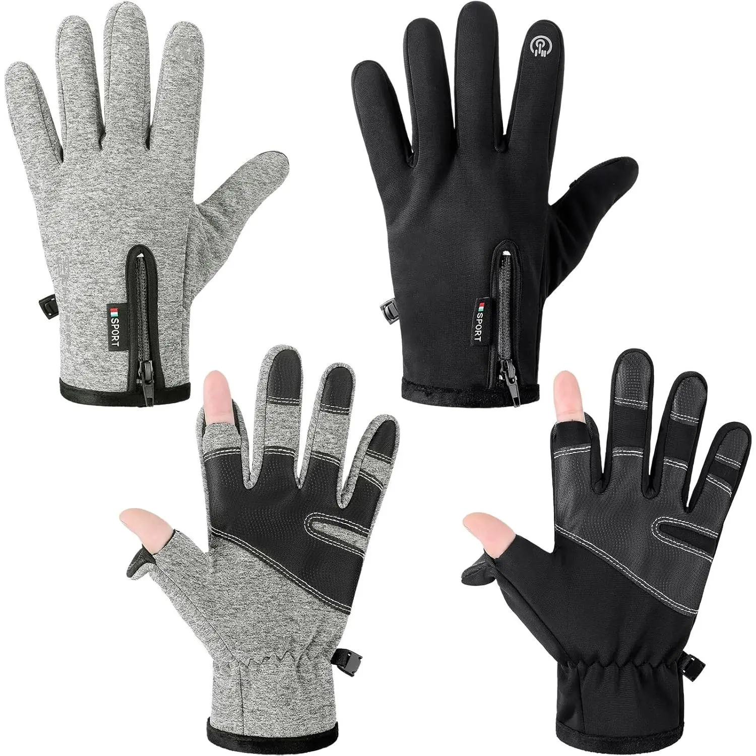 Men's Fingerless Winter Gloves, 2 Pairs Fleece Lined & Waterproof with Anti-Slip Better Grip for Tennis & Fishing, Black/Gray, Different Sizes, Biking