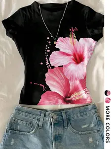 Women's Summer Floral/hawaiian Print Short Sleeve Slim Fit T-Shirt, Elegant Top, Casual & Party Wear, All Seasons