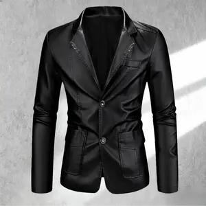 Menswear Long Sleeve Black Premium Leather Single-Breasted Slim-Fit Formal Wear Jacket - Plain, Lightweight Business Style, Luxurious Texture, Sophisticated Lapel & Pocket Details, Enhances Physique