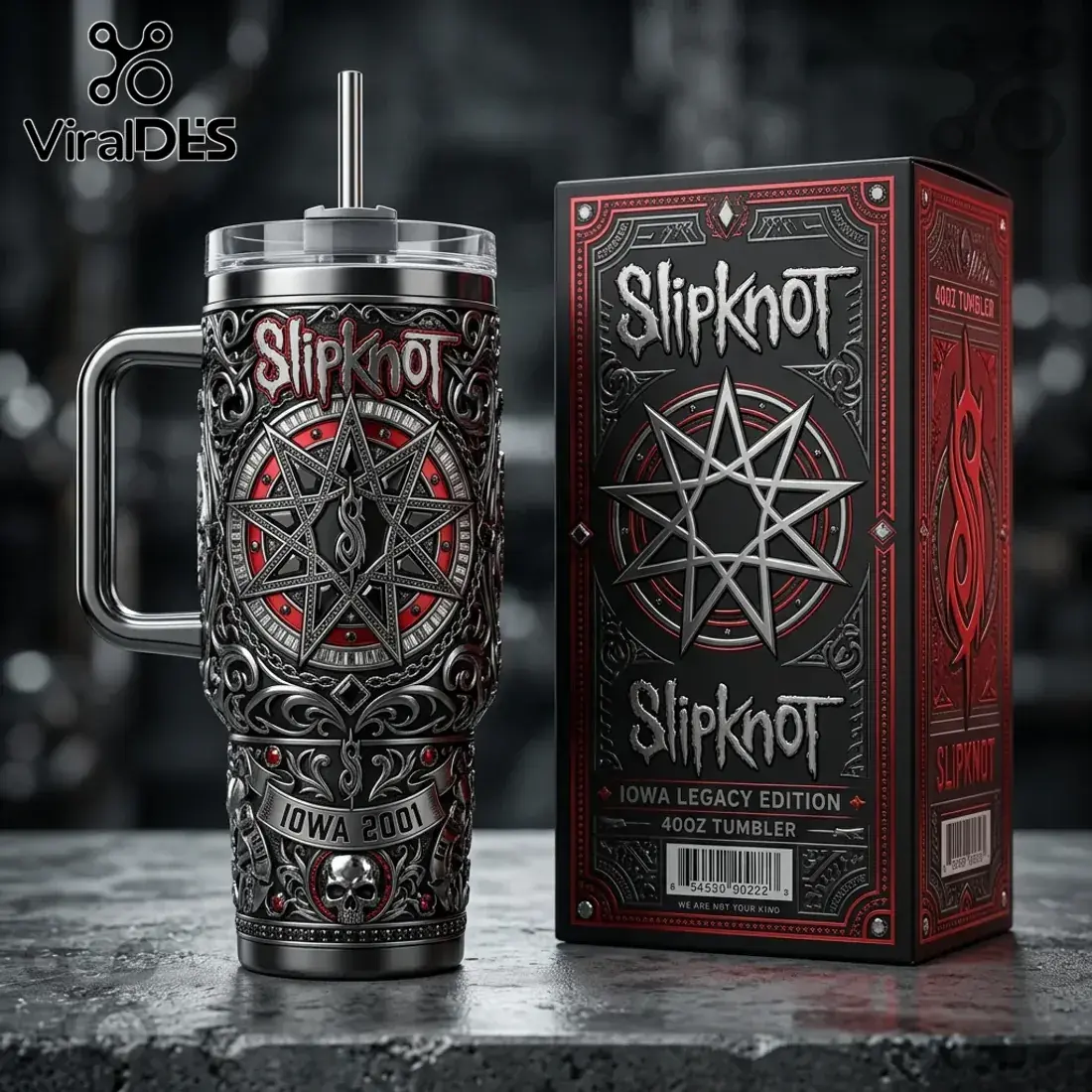 Slipknot Iowa 2001 Legacy Edition 40oz Tumbler with Handle & Straw, Nine Point Star Heavy Metal Insulated Cup, Gothic Skull Travel Mug, Nu Metal Band Fan Gift for Maggots