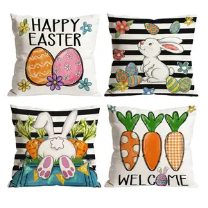 Happy Easter Bunny Throw Pillow Covers Set of 4 | Striped Rabbit & Carrot Egg Decor for Room Bedroom Chair Car Sofa Couch 0226YF