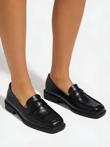 Women's Fashion Fall New Thick Sole Square Toe Soft PU Leather Shoes, Slip-On Comfortable Business Loafers for Work & Casual Wear