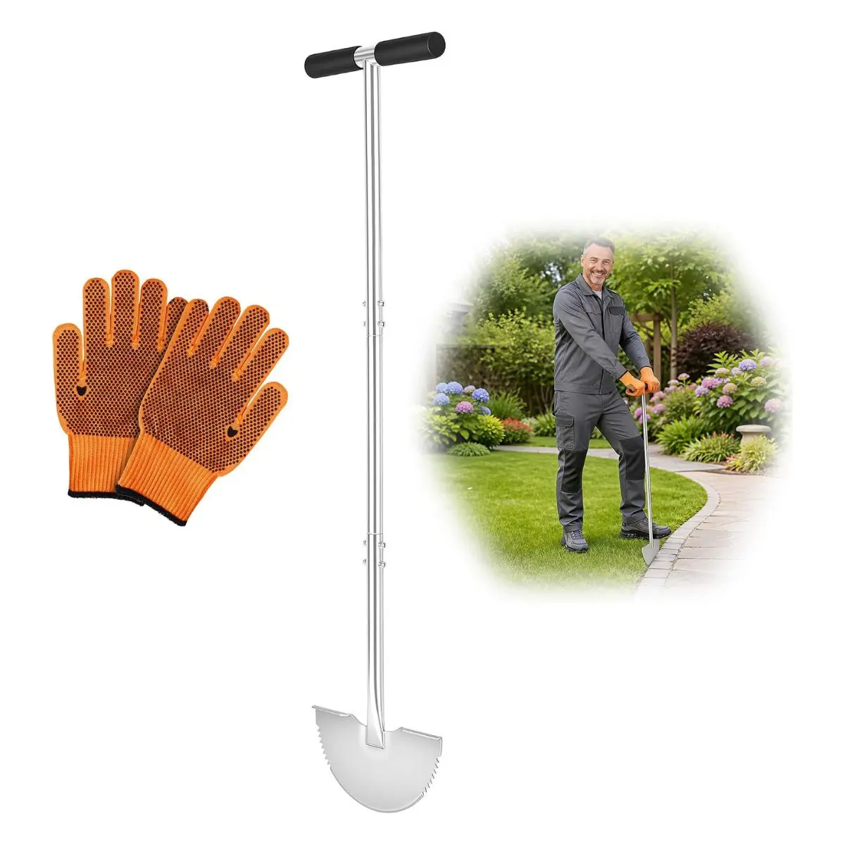 Serrated Lawn Edger Tool – 38" Half Moon Shovel with T-Handle for Yard, Garden & Landscaping