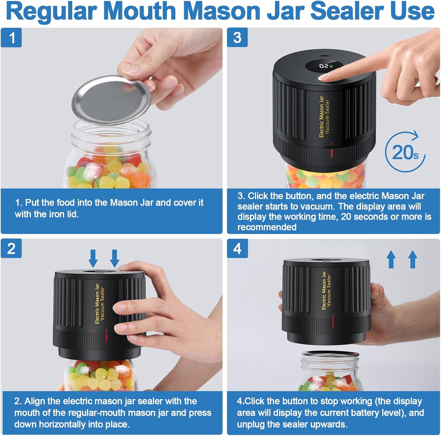 2026 Upgraded Electric Mason Jar Vacuum Sealer Kit with 5 Lids 1-Touch Automatic Cordless Food Saver Pump Non-Slip Seal USB Rechargeable Vacuum Sealer for Wide Regular Mouth Jars Cuts Food Waste 70% Canning Meal Prep Kitchen Storage Gadget Gift