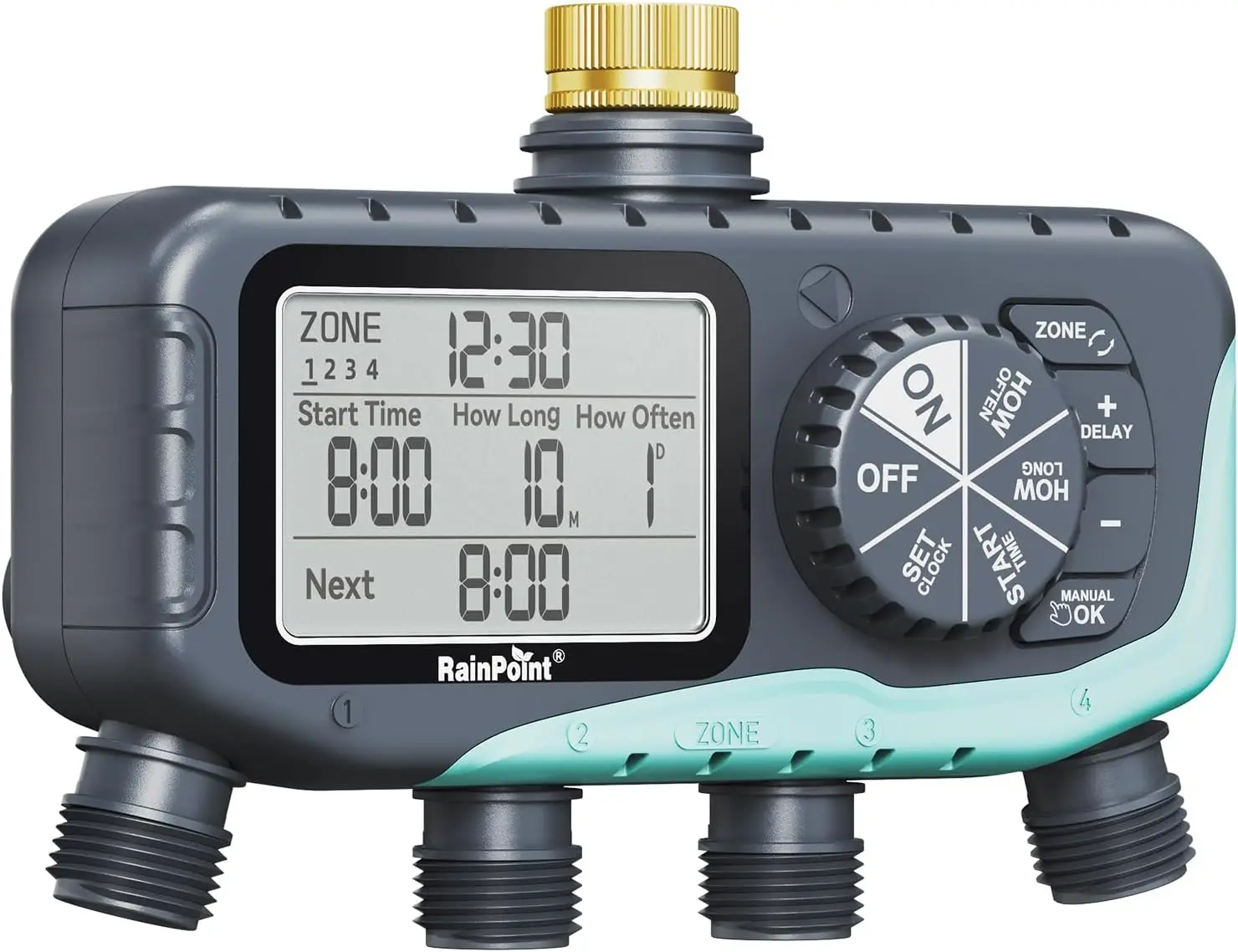 RAINPOINT Sprinkler Timer 4 Zone, Water Timer for Programmable, for Soaker Hose with Rain Delay/Manual/Automatic Watering System, Digital Irrigation for Yard, Lawn