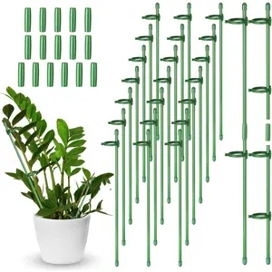 30 count Adjustable Garden  Support Stakes Single Stem  Cage Support Rings with Clips and Connect Pipe for Orchid Rose Tomato, 12 Inch (Green)