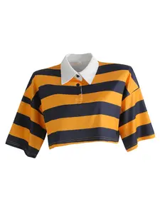 Vintage Colorblock Striped Short Crop Polo Shirt, American Street Style High Waist Loose Fit Half Sleeve Blouse, Women's Fashion Top