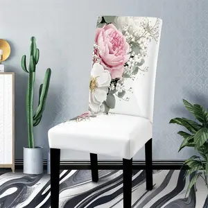 The pink rose and white flower-decorated polyester printed chair cover, Dining chair slipcover, featuring a retro romantic style, sets off the floral pattern against a white background, making it ideal for decorating home dining tables