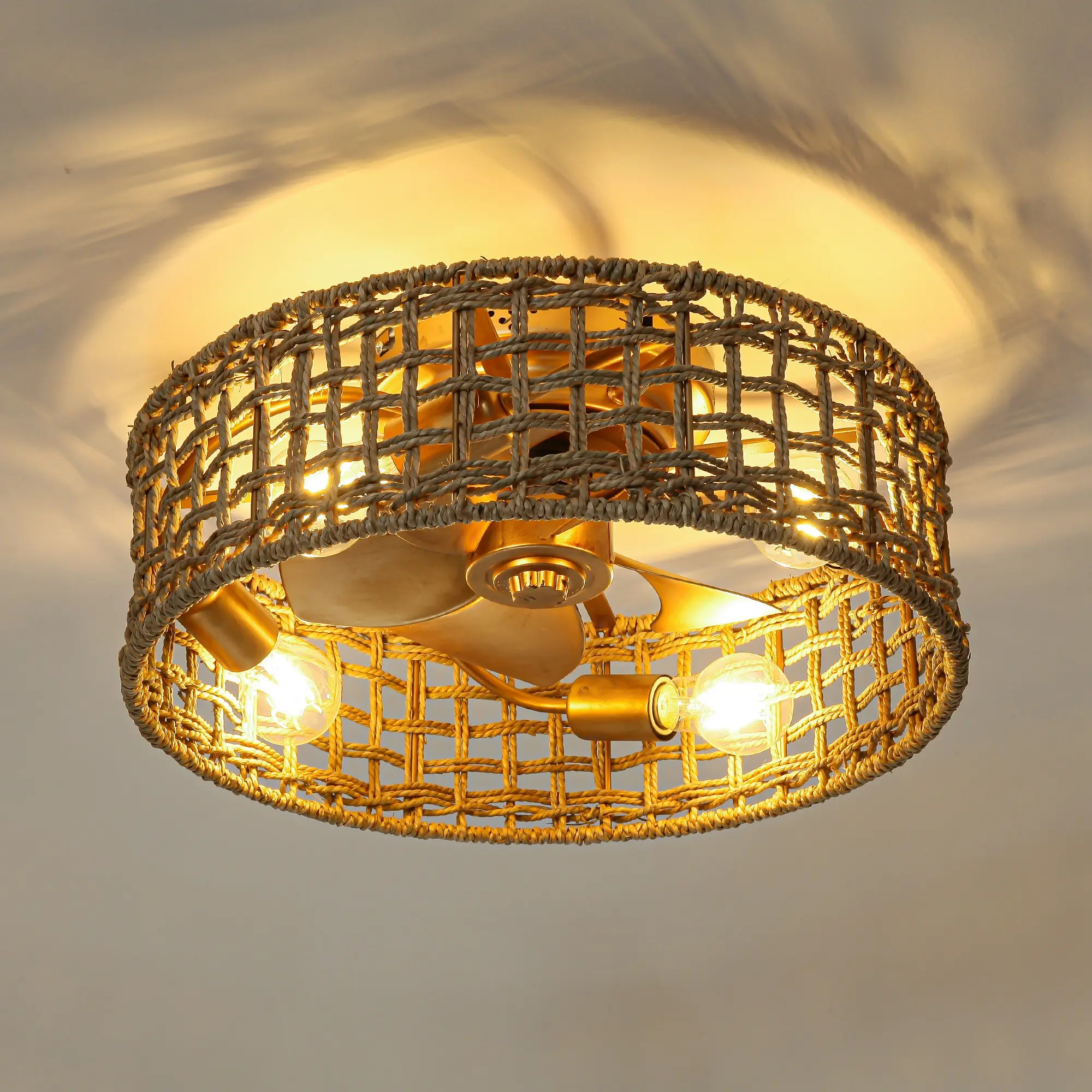 18 Inch Vintage Gold Rattan Flush Mount Fandelier, Ceiling Fan with Light, Reversible Quiet DC Motor, APP & Remote Control, Farmhouse Boho Decor Ceiling Fan Light for Low Ceiling Bedroom Dining Room